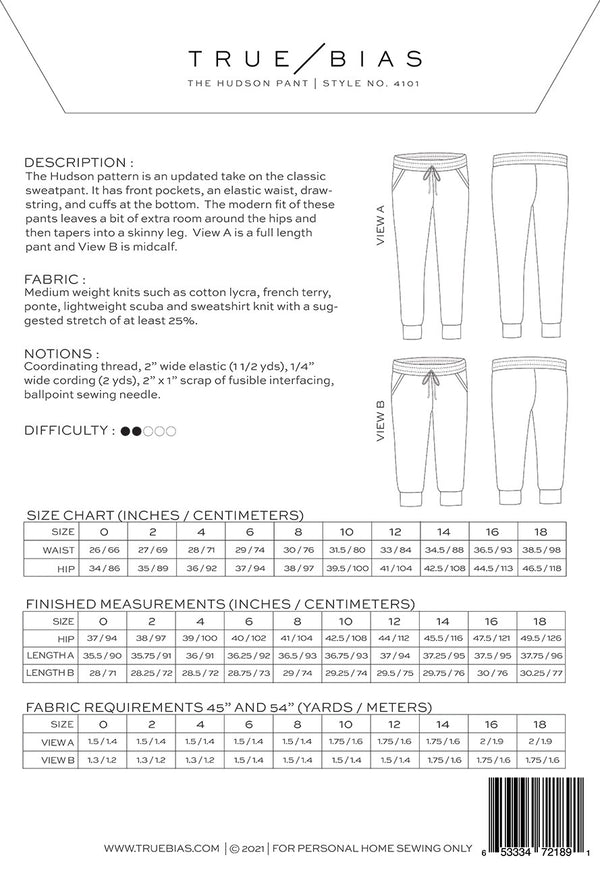 Hudson Pant Pattern Sizes 0-18 - Thread Count Fabrics